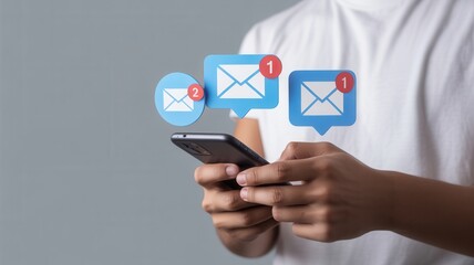Busy hands holding smartphone with multiple unread email notifications popping up, symbolizing constant communication and digital connection.