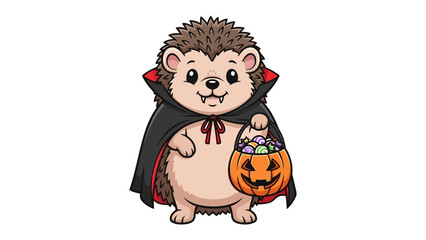 Halloween Hedgehog's Spooky Delights: An adorable hedgehog, costumed as a vampire with a playful smile, carries a glowing jack-o'-lantern filled with colorful treats.