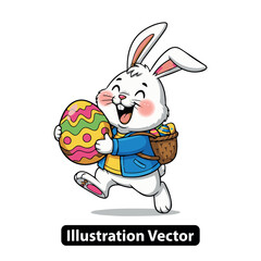 Delightful White Easter Bunny Rabbit Happily Carries Decorated Egg and Basket of Festive Treats