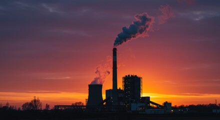 Industrial Power Plant Silhouette Against Dramatic Sunset Sky