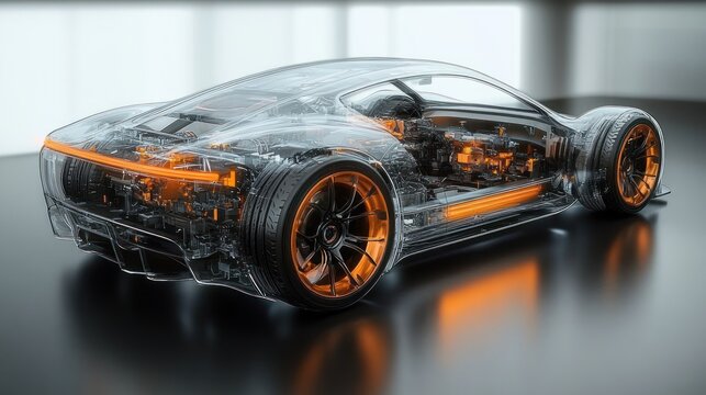 Transparent view of a futuristic sports car showcasing intricate internal mechanical components with glowing orange highlights on a reflective surface