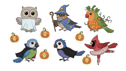 Whimsical Halloween Bird Ensemble: A collection of charming bird illustrations decked out in Halloween costumes and playful pumpkin decor, offering a dash of seasonal enchantment.