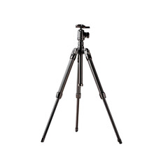 Metallic tripod stands tall against a solid black background
