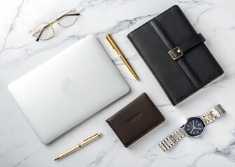 Organized business essentials on a marble surface