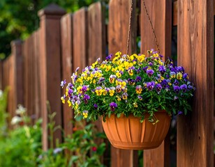 Colorful Hanging Flowers by Wooden Fence.