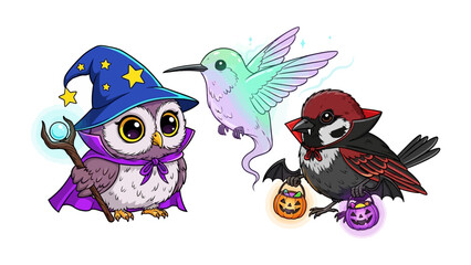 Halloween Aviary: A magical Halloween gathering of whimsical birds, a charming owl wizard with his staff, a ghostly hummingbird and a spooky bird.
