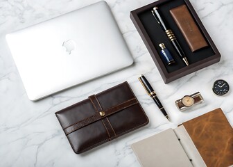 Modern business essentials laptop wallet pens watch and notebook