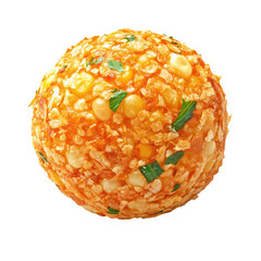 A spherical ball of colorful cereal and dried fruit coated in a light glaze isolated on transparent background