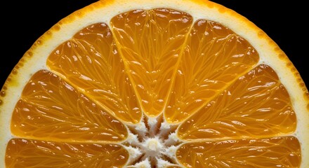 Vibrant close-up of juicy orange slice, perfect for healthy lifestyle promotions and fresh food concepts, ideal for bright summer campaigns and refreshing drinks ads