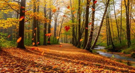 Experience the vibrant beauty of a stunning autumn forest, perfect for serene backgrounds and seasonal promotions