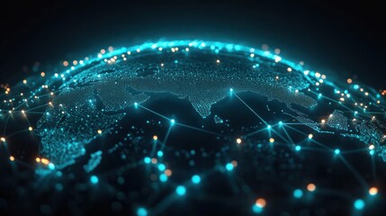 Digital representation of a glowing connected global network with illuminated points and lines highlighting continents under a dark background