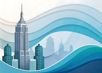 Artistic new york city skyline with blue waves