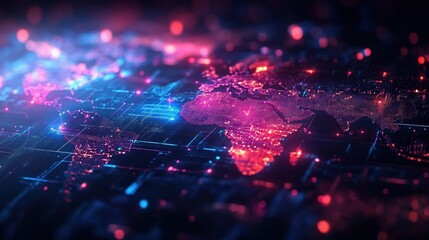 Digital glowing world map with bright neon points and grid lines representing global connections and data flow in a futuristic style