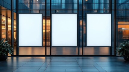 Three large blank vertical billboard frames displayed on the exterior glass wall of a modern building entrance with tiled floor and potted plants on both sides during evening