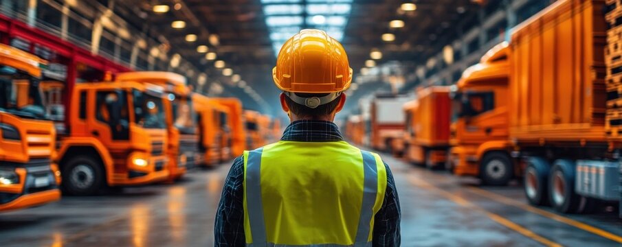 Rear view of a worker in a high-visibility vest and yellow hard hat standing inside a large warehouse surrounded by multiple orange trucks