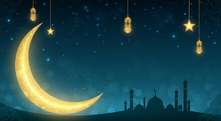 A luminous crescent moon shines brightly over a silhouetted mosque and city skyline under a starry night sky with hanging lanterns