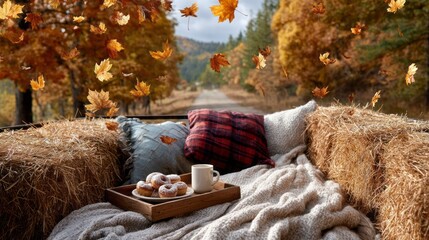 Cozy autumn scene with treats on a hay bale in a beautiful forest setting