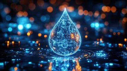 Glowing digital water drop with circuitry patterns floating above reflective surface with bokeh lights in blue and orange hues