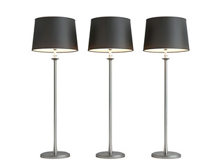 Three modern elegant floor lamps with black shades and silver stands isolated on transparent background