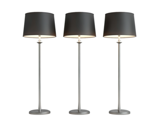 Three modern elegant floor lamps with black shades and silver stands isolated on transparent background