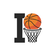 Basketball Logo with Letter I and Hoop, Bold basketball logo featuring the letter I with a hoop and ball, perfect for sports teams, leagues, or athletic branding.

