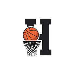 Basketball Letter H Logo with Net and Ball, Stylized basketball logo design featuring the letter H with a hoop and ball, perfect for sports teams, leagues, or branding.


