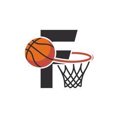 Basketball Letter F Logo with Dynamic Hoop, Creative basketball logo featuring letter F with a hoop and motion trail ball, ideal for sports teams or athletic branding.

