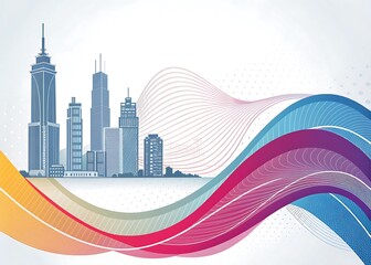 Modern cityscape with colorful abstract waves