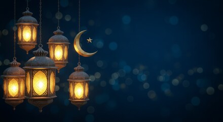 Glowing ramadan lanterns and a crescent moon illuminate a dark starry night sky with bokeh lights