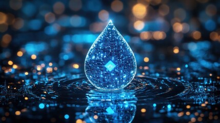 Glowing blue digital water drop with circuit board patterns radiating light over reflective surface with blurred golden and blue bokeh lights