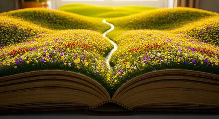 A magical open book blossoming into a picturesque landscape with vibrant wildflowers, a gentle path, and rolling green hills, symbolizing escape into imagination and the wonders of nature