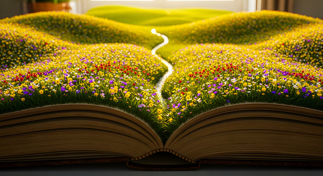 A magical open book blossoming into a picturesque landscape with vibrant wildflowers, a gentle path, and rolling green hills, symbolizing escape into imagination and the wonders of nature