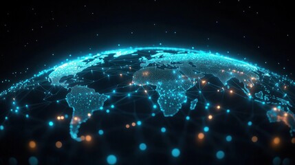 Obraz premium Digital representation of the Earth with glowing network connections highlighting continents and global data flow under a dark starry background