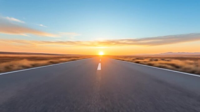 Highway road leading to the horizon at sunset empty asphalt and blue sky
