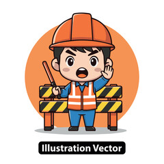 Animated young construction worker diligently signaling stop with a traffic wand and barrier