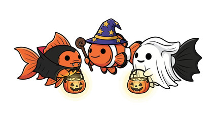Spooktacular Halloween Fish: A whimsical and festive illustration featuring three adorable goldfish in Halloween costumes, each with a unique character and carrying a pumpkin lantern.