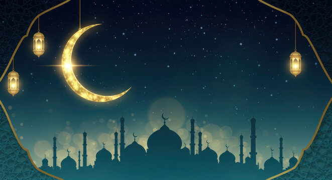 A crescent moon shines brightly over a silhouetted islamic cityscape under a starry night sky