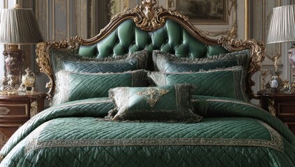 Obraz premium Luxurious emerald green bedding set adorned with intricate gold embroidery on a lavishly detailed antique bed.