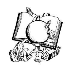 A graphic illustration on the theme of magic and wizardry, featuring a magic ball, a book, and crystals. Vector illustration for children's design and creativity.
