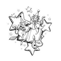 An illustration featuring magical cats and wonders from a magical book. Black and white vector illustration for children's crafts, stationery, textiles, and interior design.