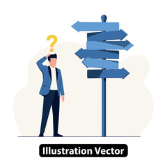 Confused man faces multiple paths, contemplating important choices and future directions