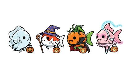 Cute Halloween Fish: a delightful illustration of four uniquely dressed fish for halloween, each costume with the holiday's atmosphere and spirit.