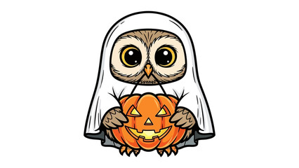Spooky Owl with Pumpkin: A charming owl, disguised in a ghostly sheet, carries a carved pumpkin lantern, ready for Halloween, celebrating the playful spirit of the spooky season.