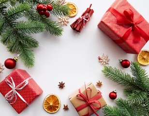 Beautiful festive Christmas flat lay with elegant gift boxes, evergreen branches, and natural holiday decorations framing a clean white space, perfect for seasonal greetings.