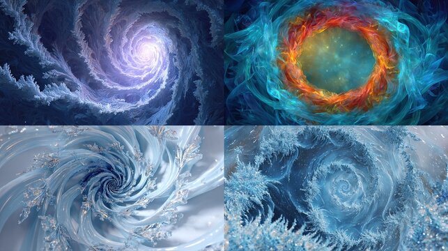 Four celestial swirls, vibrant colors, ranging from icy blue to fiery orange, and intricate details