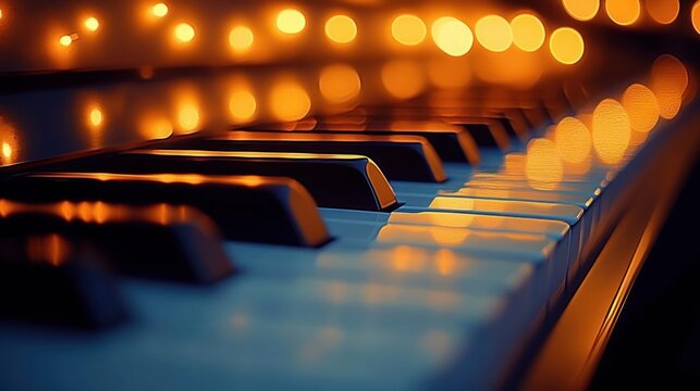 close up of a piano keyboard illuminated by warm glowing bokeh lights creating a cozy and elegant atmosphere