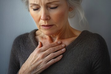 Elderly woman with closed eyes and furrowed brow touching her chest appearing to experience discomfort or pain indoors