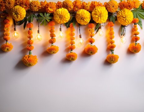 Vibrant yellow and orange marigold garlands with warm glowing lights create a dazzling festive decoration, perfect for inviting Indian celebrations and joyous events.