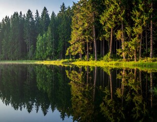 Serene forest lake reflections at dawn