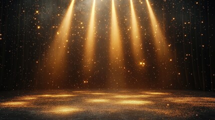 Dark stage with golden glitter particles illuminated by warm yellow spotlights, creating a magical and festive atmosphere
